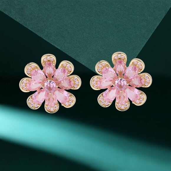 Luxury Pink CZ Flower Stud Earrings for Women in 925 Sterling Silver with Gold P - Picture 5 of 6